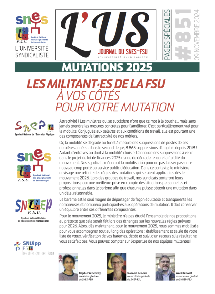 MUTATIONS 2025 : publication du SNES-FSU