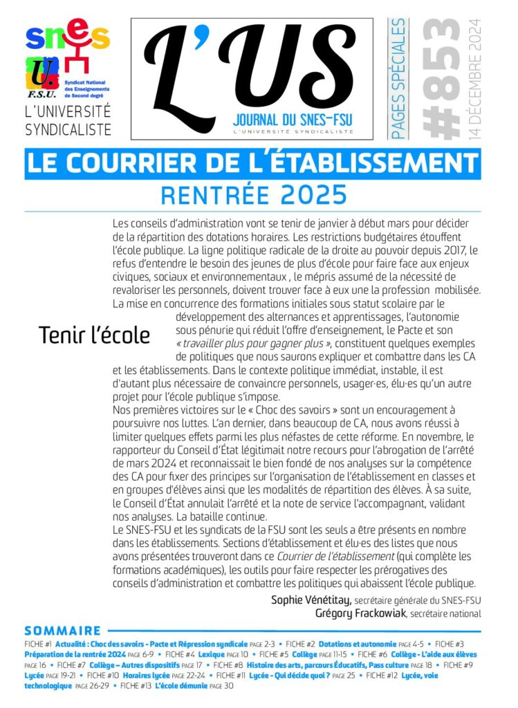 Le courrier de l’établissement n°4 : rentrée 2025