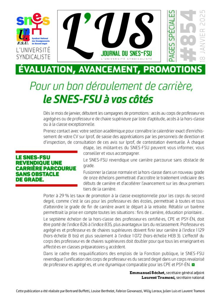 Évaluation, avancement, promotions – Supplément de l’US n°854