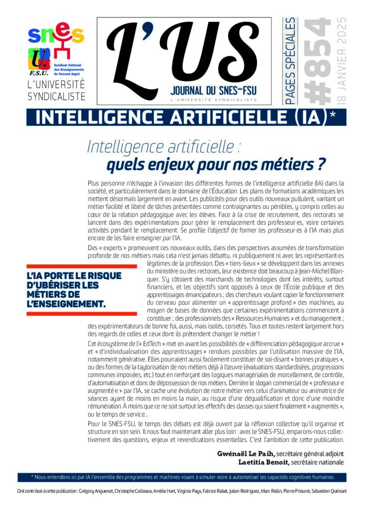 Intelligence artificielle (IA) – Supplément de l’US n°854